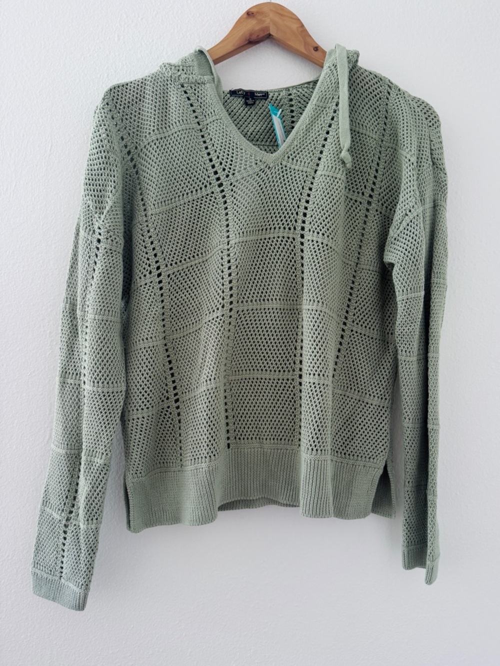 NWT Lety & Me Open Knit Weave Green Hooded Pullover Sweater